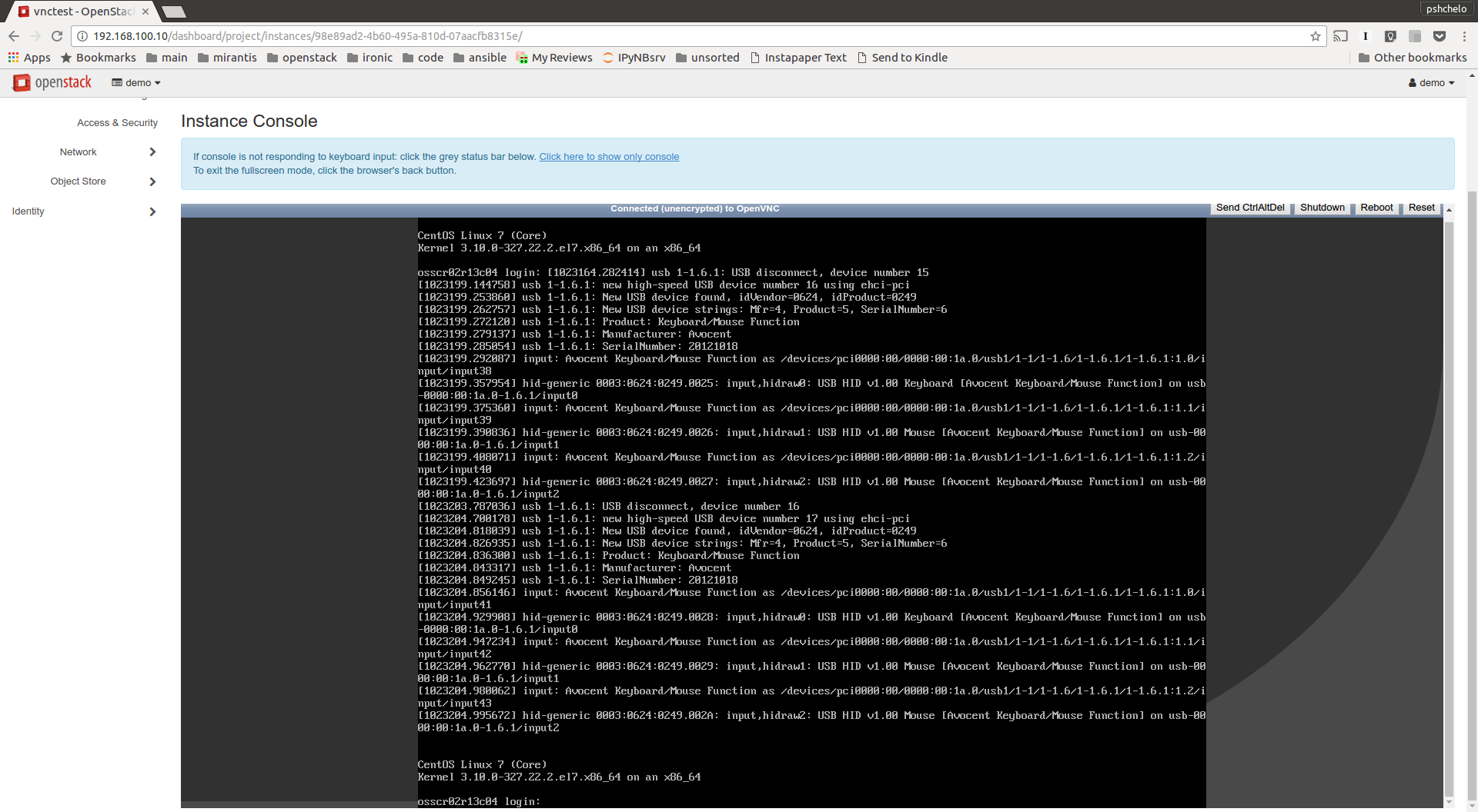 Screenshot of a VNC console of the baremetal node in horizon Dashboard